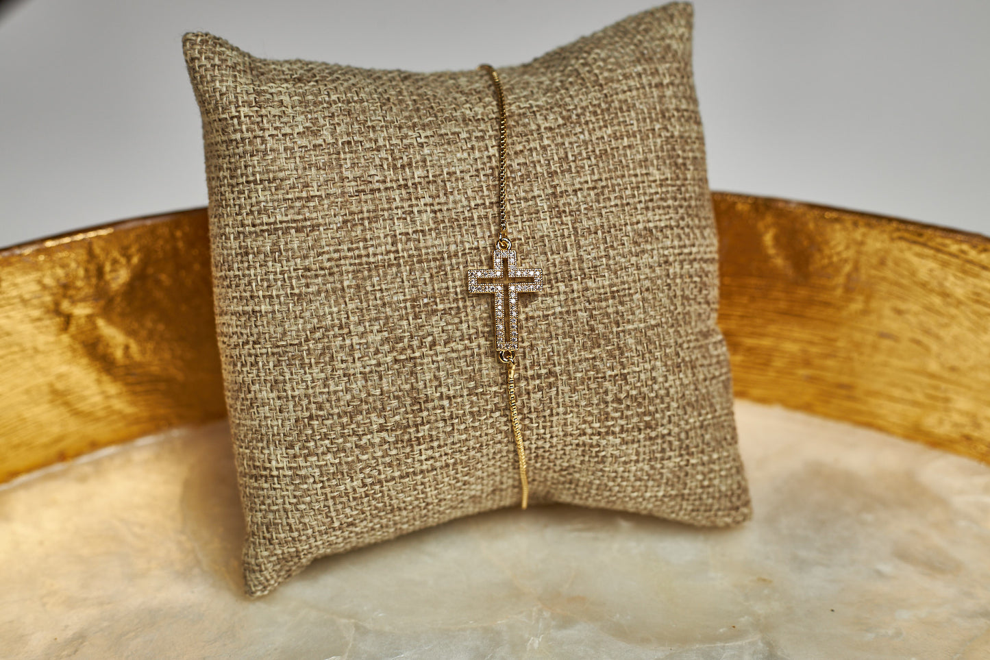 Cross Bracelet with Stones- 18K Gold