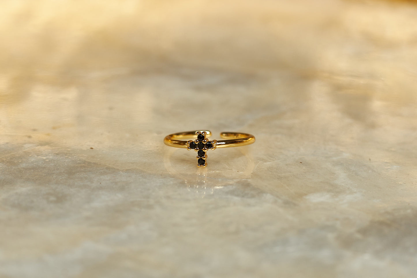 Small Black Cross Ring- 18K Gold