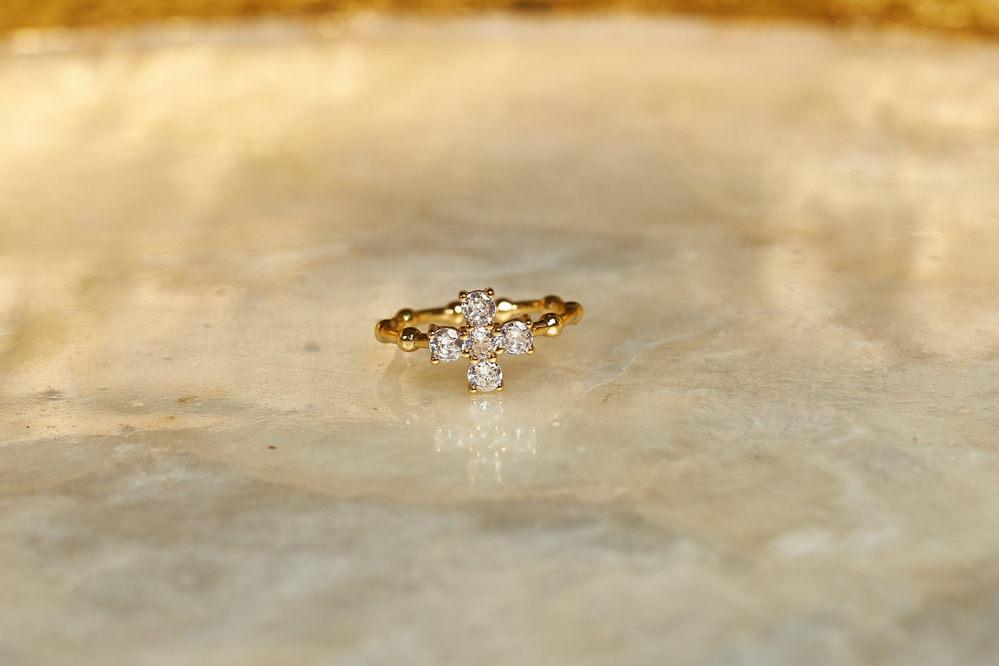 Gold Cross Ring with Stones - 18k Gold